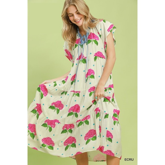 Umgee Dresses & Skirts - Umgee Hydrangea Print Tiered Midi Dress - Ecru - Medium